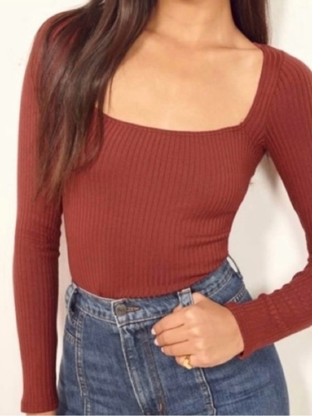 Reformation Jeans Ribbed Square Neck Long Sleeve Top - Rust